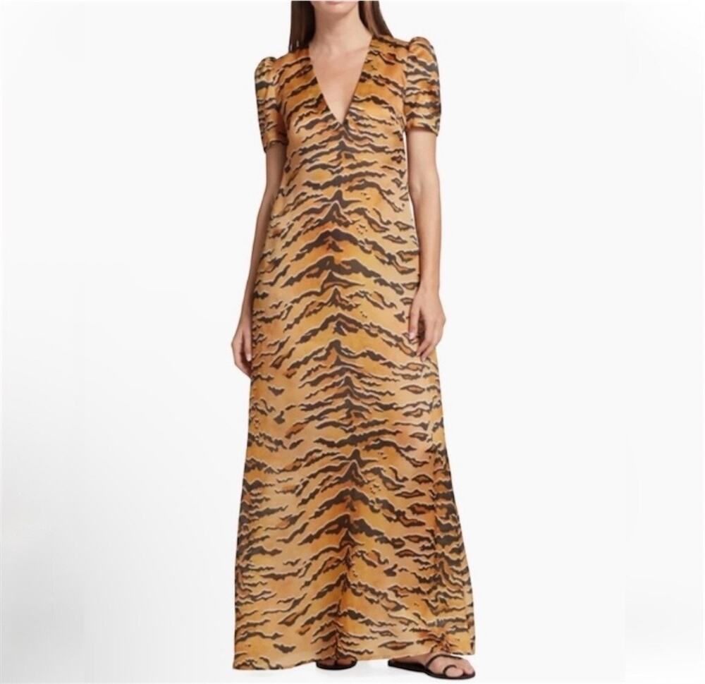 Zimmermann Matchmaker Short Sleeve Maxi Dress in Tan Tiger Silk Satin Size 4 NWT